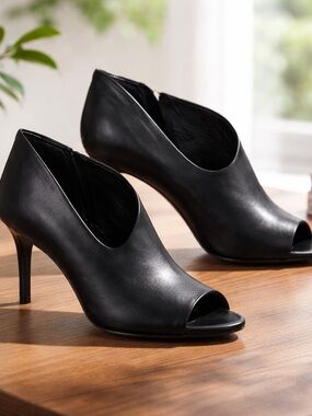 Vince Camuto Black Leather Peep-Toe Heels Minimalist Going Out Office Dinner 13